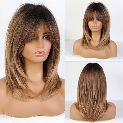 Photo 1 of Alanhair Ombre Brown Wigs for Women,HAIRCUBE Shoulder-Length Layered Wigs with Bangs Heat Resistant Synthetic Fibre Wigs
