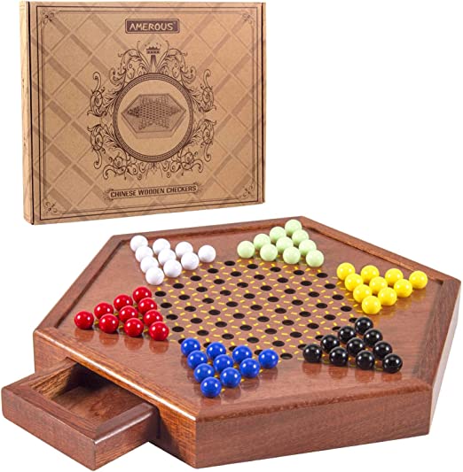 Photo 1 of AMEROUS 12.5 inches Wooden Chinese Checkers Set with Storage Drawer - 60 Acrylic Marbles in 6 Colors - 12 Bonus Spare Marbles, Classic Strategy Family Board Game for Kids and Adults
