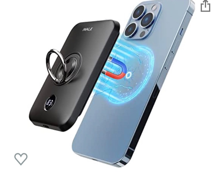 Photo 1 of iWALK Magnetic Wireless Power Bank, 6000mAh Portable Charger with Finger Holder, Stronger Magnet Stick for Phone with Unique Mag-Suction Tech, Only Compatible with iPhone 14/13/12 Pro Max