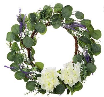 Photo 1 of 18" Spring Wreath Artificial Green Leaves Wreath for All Seasons Round Eucalyptus Wreath for Front Door Famhouse Wreath with White Silk Hydrangeas and Lavender for Door Wall Window Decor
