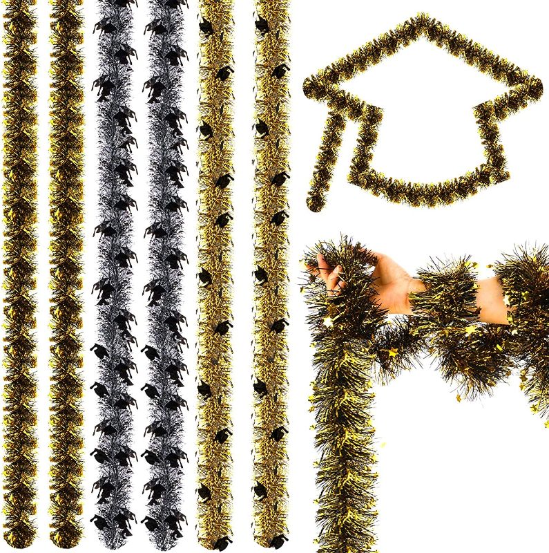 Photo 1 of 6 Pieces Graduation Party Favor Tinsel Garland 39.4ft Metallic Twist Garland Gold Black Silver Grad Hat Wire Wreath with Graduation Hat Star Ornaments for Graduation Grad Classroom Decorations
