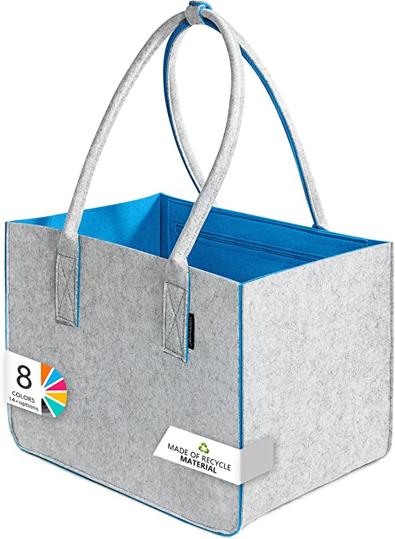 Photo 1 of TOPDesign Reusable Grocery Felt Bag with Long Handle, Large Durable Shopping Basket, Utility Tote Bag for Organization, Storing Wood, Stand Upright (Light Grey/Light Blue)
