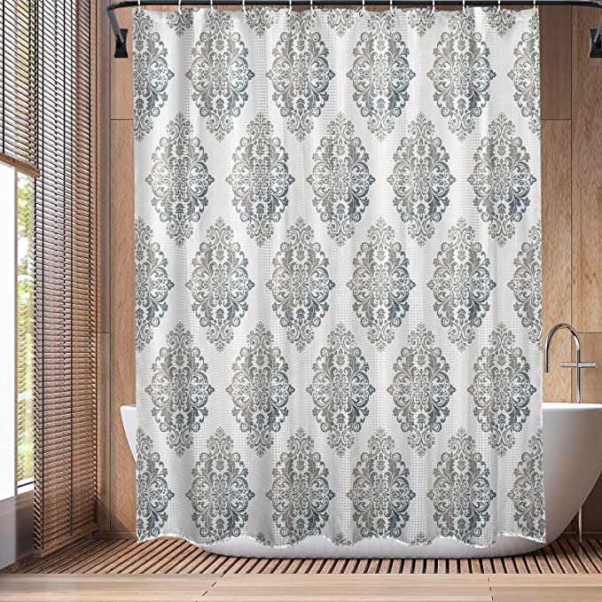 Photo 1 of COLORPAPA Ombre Grey Shower Curtain Boho Shower Curtains for Bathroom Paisley Floral Black and Grey Fabric Home Decor Waterproof Curtain Sets with Hooks 72 x 72
