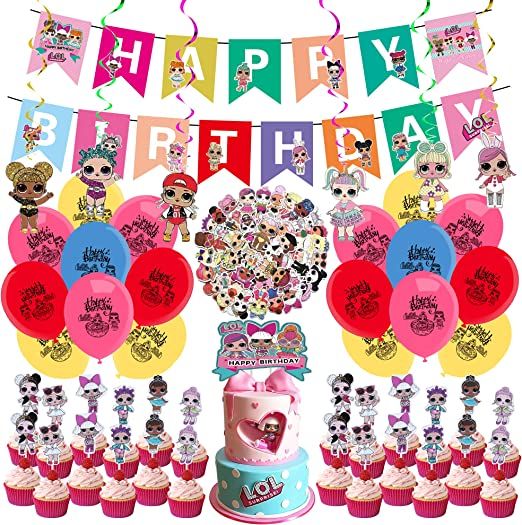 Photo 1 of 102pcs Lol Birthday Party Decorations Lol Party Supplies for Girls With Happy Birthday Banner, Cupcake Toppers, Hanging Swirls, Stickers, Balloons, Lol Cake Topper
