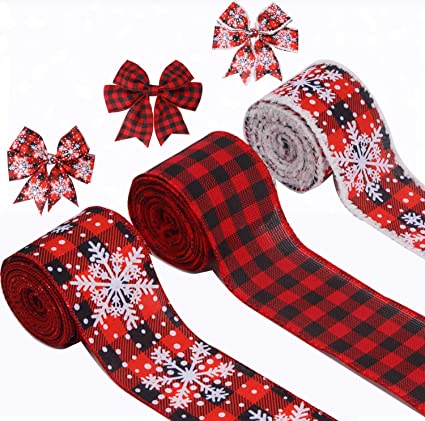 Photo 1 of 3 Rolls Christmas Burlap Ribbon Wired Edge Ribbon Red Black Plaid Burlap Ribbon Snowflake Check Ribbon Snowdrift Wired Edge Ribbon for DIY Bows Xmas Home Party Wrapping 24 Yards
