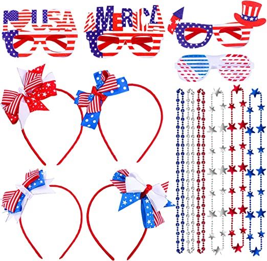 Photo 1 of 20 Pcs 4th of July Party Accessories, Patriotic Metallic Beaded Necklaces, Patriotic Glasses with Patriotic Bow Bopper Headband Patriotic Party Favors for Independence Day, Memorial Day, Sport Event, Party Favors
