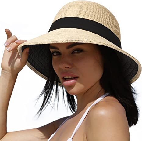 Photo 1 of Sun Hat Womens Wide Brim Straw Beach Hat with Lining Packable Foldable Summer Hat UV Protection
