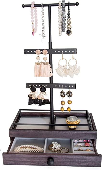 Photo 1 of Tower Jewelry Organizer w/ Wooden Drawer Storage Box & Adjustable Necklace Holder – Jewelry Organizer Stand for Bracelets, Earrings & More – Dark Brown Drawer & Black Iron – Free-Stand or Wall-Mount
