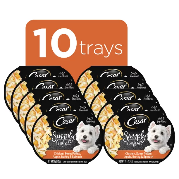 Photo 1 of (10) CESAR SIMPLY CRAFTED Chicken,Sweet Potato Apple,Barley,Spinach Wet Dog Food Topper,1.3 Oz. Tubs
EXPIRES 01/05/2023