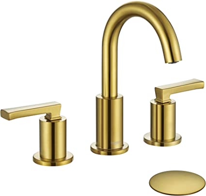 Photo 1 of Brushed Gold 8 inch Bathroom Faucet Widespread, Contemporary High-Arc 2-Handle Bath Vanity Sink Faucet Tap for 3-Holes 8-in Wide Spread Set, with 360 Degree Swivel Spout & Match Pop Up Drain