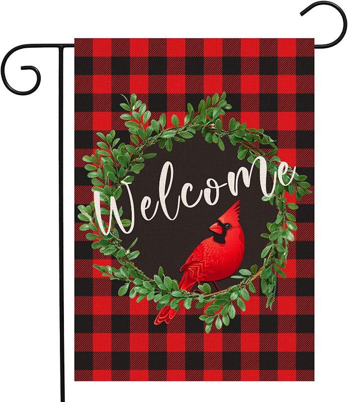 Photo 1 of Cardinal Christmas Garden Flag 12.5 x 18 Inch | Outdoor Christmas Decorations Wreath Welcome Garden Flag | Buffalo Check Plaid Winter Yard Flag Double Sided | Holiday Outdoor Flags