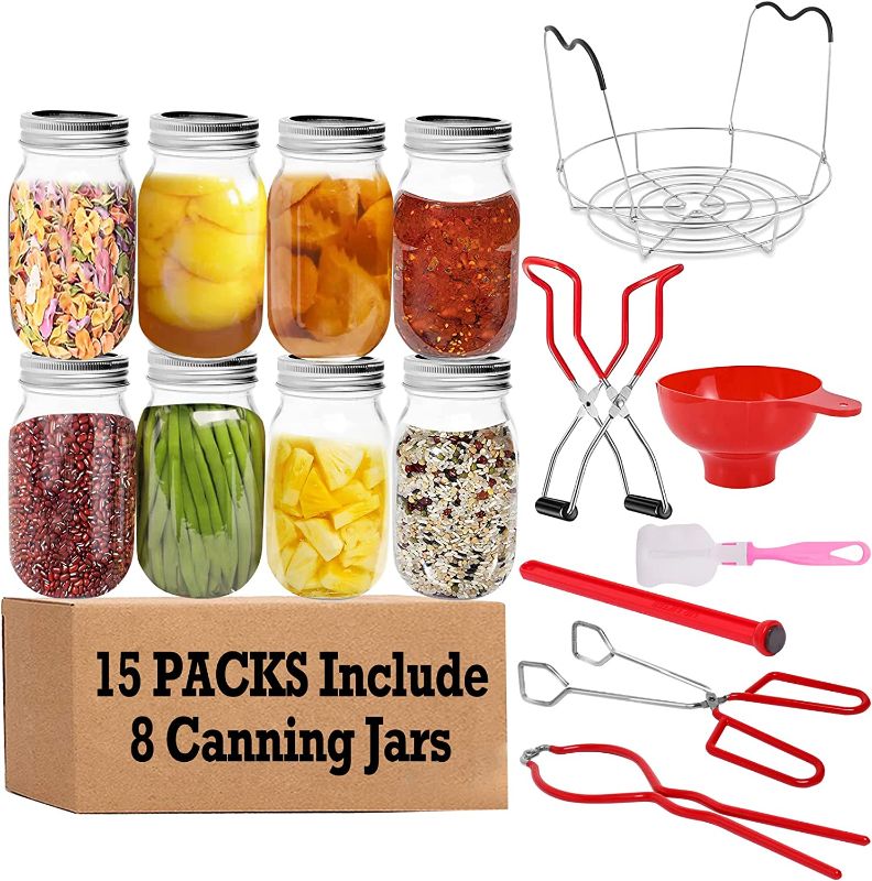 Photo 1 of 15Pack Canning Jars Starter Supplies Kit Set: 8 of 16oz Mason Jar with Lids Regular Mouth, Jar Lifter Funnel Stainless Steel Steam Pot Rack Tongs Bubble Popper Wrench Bulk Tools for Canner Beginner
