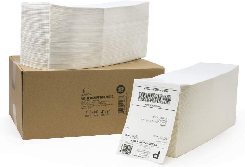Photo 1 of Buhbo 4" x 6" Direct Thermal Shipping Label (4000 Fanfold Labels) 2 Stacks of 2000 Labels - Rollo Compatible - Commercial Grade White
