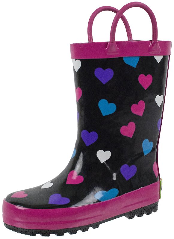 Photo 1 of Rainbow Daze Kids Rain Boots Rainin' Hearts Heart Pattern, Waterproof, Rubber, Black Pink, Size 7/8