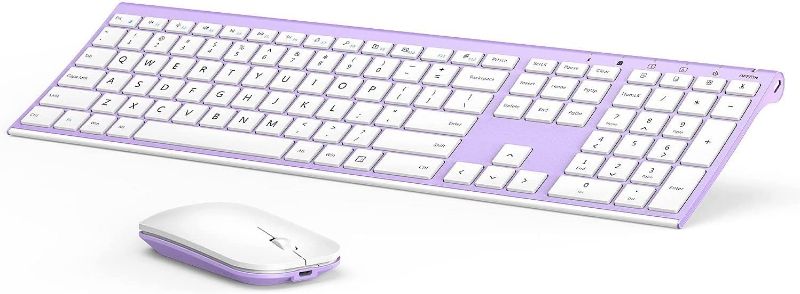 Photo 1 of Wireless Keyboard and Mouse, Rechargeable 2.4GHz Ultra-Slim Full-Size Keyboard Mouse Combo with Whisper-Quiet Mouse for Windows, Laptop, PC, Desktop- Purple and White
