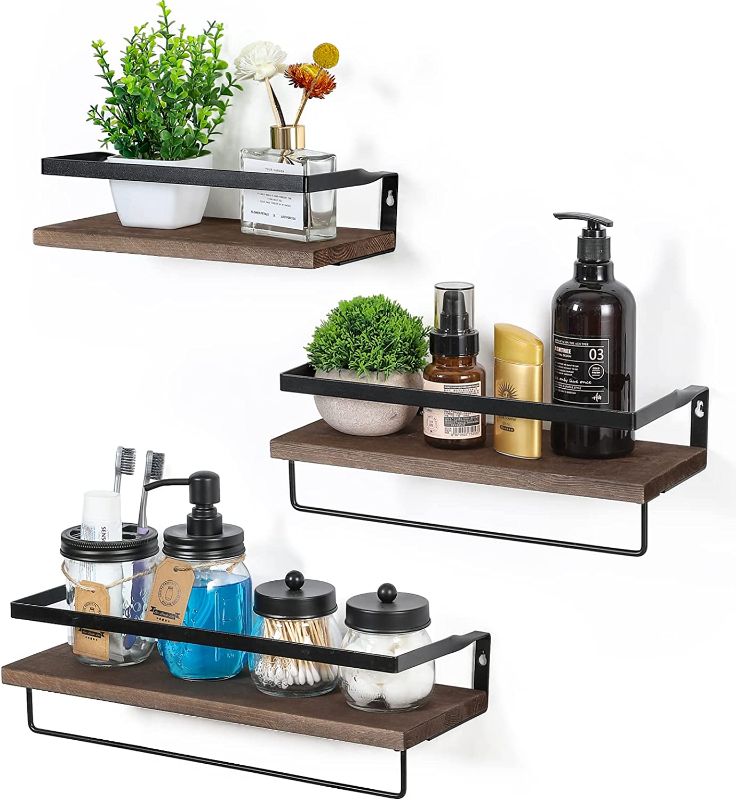 Photo 1 of 3 Set PRE-Assembled Floating Bathroom Shelves with 2 Towel Bars, Wall Mounted Storage Wood Shelf, Rustic Decor Accessories for Bathroom, Kitchen, Bedroom, Office, Over Toilet - Brown
