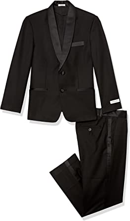 Photo 1 of Calvin Klein Boys' 2-Piece Formal Tuxedo Suit Set, Includes Jacket & Dress Pants, Satin Trim Detailing & Functional Pockets, unknown size