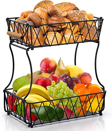 Photo 1 of 2 Tier Fruit Basket for Kitchen, Tiered Fruit Basket Kitchen Countertop Organizer Bread Vegetable Storage Wire Metal Bowl with Banana Hanger Holder Stand Detachable Counter Decor Black Farmhouse