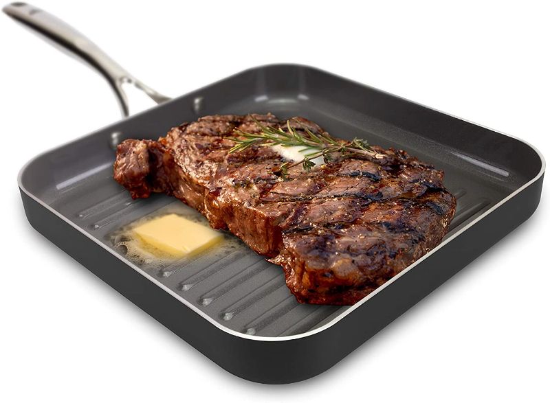 Photo 1 of square grill pan-EaZy MealZ Square Non-Stick Grill Pan for Stove, Light weight, Perfect Grill Marks, Oven Safe up to 500 Degrees, Large, 10.5" Black