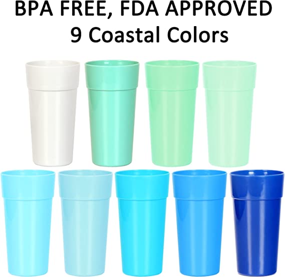 Photo 2 of Youngever 18 Pack Unbreakable Plastic Tumblers 20 Ounce, Unbreakable Plastic Drinking Glasses, Plastic Cups, Set of 18 in 9 Coastal Colors
