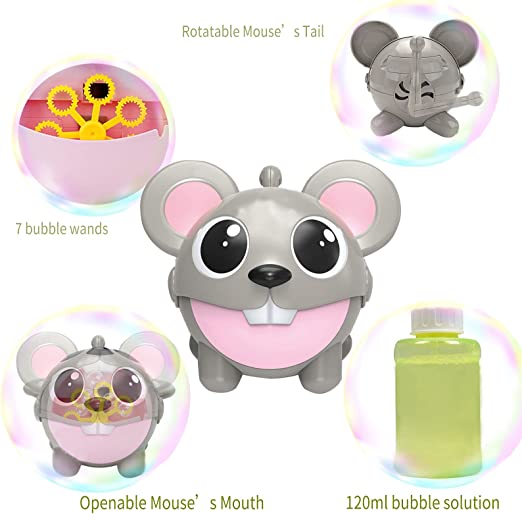 Photo 2 of Automatic Electric Bubble Machine,USB Rechargeable Portable Bubble Maker with Bubble Solution & 7 Bubble Wands,Fun Cute Cartoon Mouse Bubble Blower Blowing Toy Gift for Party Birthday Indoor Outdoor
