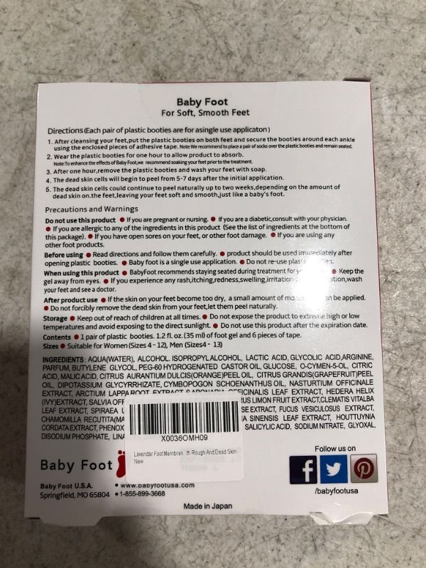 Photo 1 of Foot Peel Mask - Baby Foot Original Exfoliant Foot Peel - Repair Rough Dry Cracked Feet and remove Dead Skin, Repair Heels and enjoy Baby Soft Smooth Feet 2.4 Fl. Oz. Lavender Scented Pair
