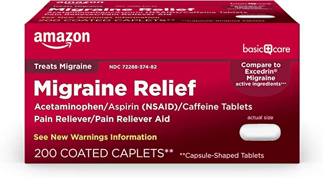 Photo 1 of Amazon Basic Care Migraine Relief, Acetaminophen, Aspirin (NSAID) and Caffeine Tablets, 200 Count.  03/2023.