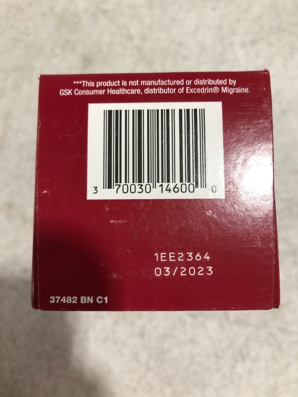 Photo 4 of Amazon Basic Care Migraine Relief, Acetaminophen, Aspirin (NSAID) and Caffeine Tablets, 200 Count.  03/2023.