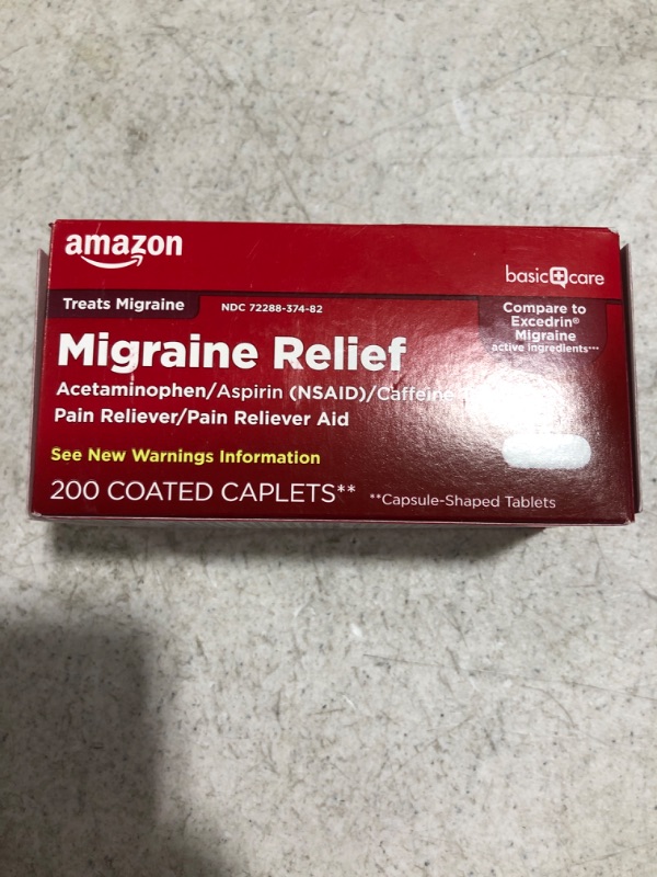 Photo 3 of Amazon Basic Care Migraine Relief, Acetaminophen, Aspirin (NSAID) and Caffeine Tablets, 200 Count.  03/2023.