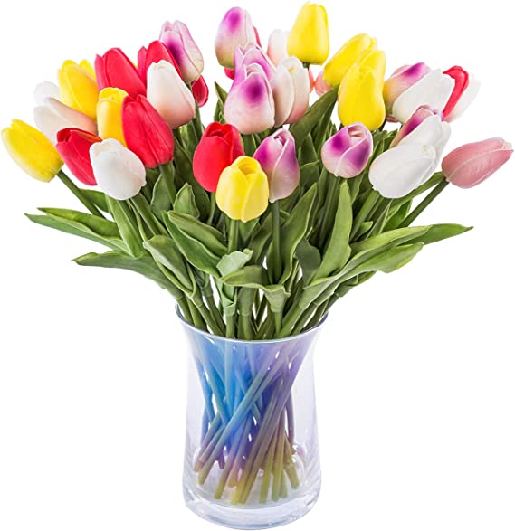 Photo 1 of 28 pcs Artificial Tulips Flowers Real Touch Multicolored Tulips Fake Holland PU Tulip Bouquet Latex Flowers for Wedding Party Office Home Kitchen Decoration. MIXED COLORS. 

