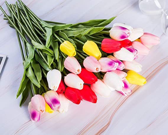 Photo 2 of 28 pcs Artificial Tulips Flowers Real Touch Multicolored Tulips Fake Holland PU Tulip Bouquet Latex Flowers for Wedding Party Office Home Kitchen Decoration. MIXED COLORS. 
