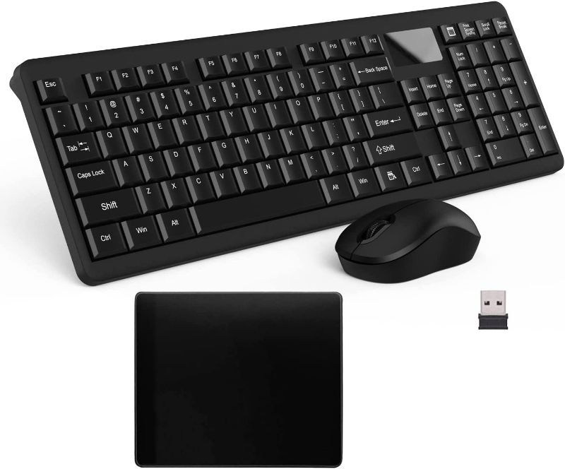 Photo 1 of Wireless Keyboard and Mouse Combo 2.4G Full Size External Cordless Keyboard Mouse Set with Mouse Pad Numeric Keypad for Windows Mac Laptop Notebook PC Computer Desktop Smart TV (Black)
