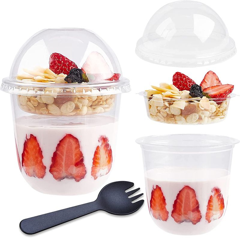 Photo 1 of 50-SET 12oz Clear Plastic Cups With Dome Lids (No Hole) and Sporks, TOFLEN 12oz Disposable Plastic Parfait Cups with Insert for Fruit Yogurt Yogurt Cereal and Snacks, No Leaking
