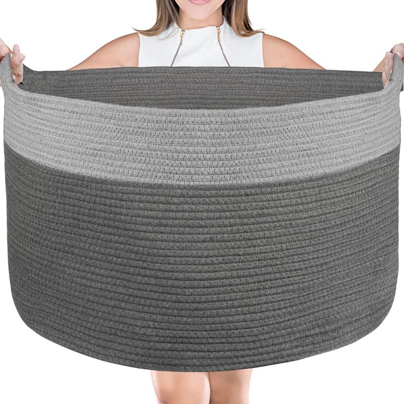 Photo 1 of 
Large Cotton Rope Basket - 22" x 22" X 14" Blanket Storage Basket, Woven Baby Laundry Basket with Built-in Handles for Blanket Storage, Nursery Basket Soft Storage Bins (Light Grey & Dark Grey)
