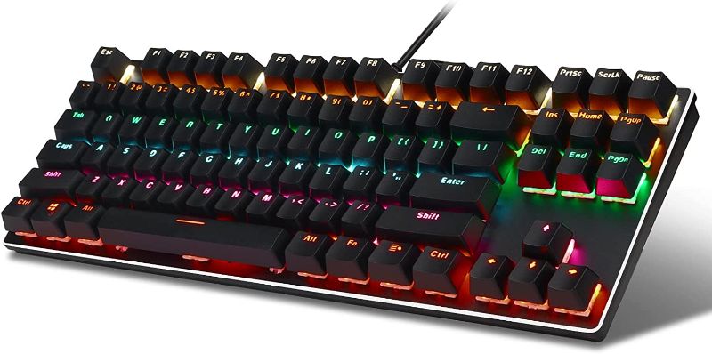 Photo 1 of LeadsaiL Gaming Keyboard Compact Tenkeyless Mechanical Keyboard,RGB Rainbow LED Backlit Floating Keyboard with Blue Switch, 87 Keys Anti-ghosting, Ergonomic, Water Resistant for Windows PC/Mac Gaming
