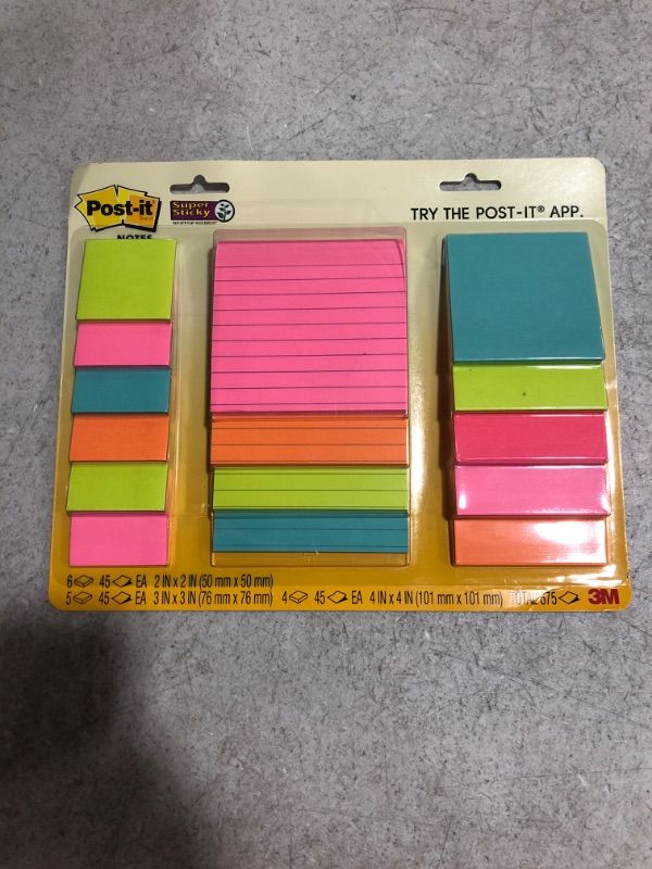 Photo 3 of Post-it Super Sticky Notes, Assorted Sizes, 15 Pads, 2x the Sticking Power, Miami Collection, Neon Colors (Orange, Pink, Blue, Green), Recyclable (4423-15SSMIA)
