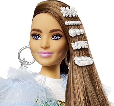 Photo 2 of Barbie Extra Doll #9 in Blue Ruffled Jacket with Pet Crocodile, Long Brunette Hair with Bling Hair Clips, Layered Outfit & Accessories, Multiple Flexible Joints, Gift for Kids 3 Years Old & Up , White
