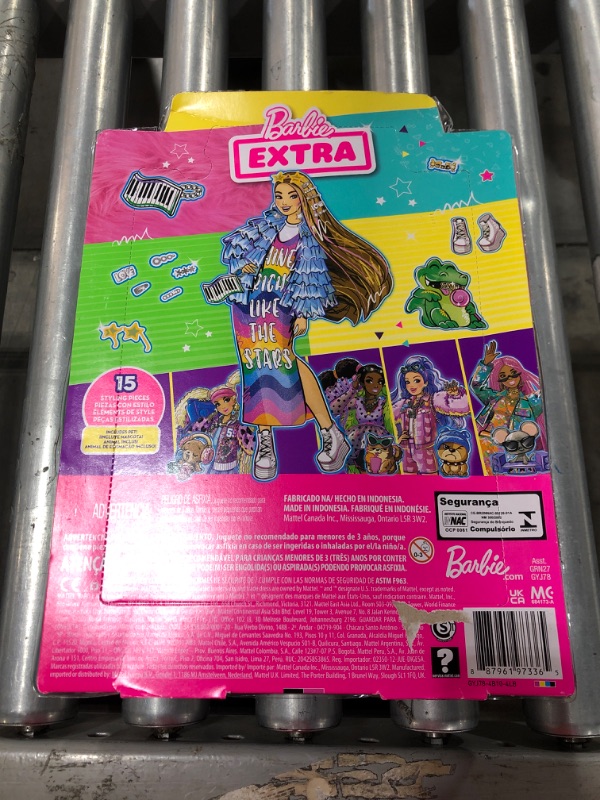 Photo 4 of Barbie Extra Doll #9 in Blue Ruffled Jacket with Pet Crocodile, Long Brunette Hair with Bling Hair Clips, Layered Outfit & Accessories, Multiple Flexible Joints, Gift for Kids 3 Years Old & Up , White
