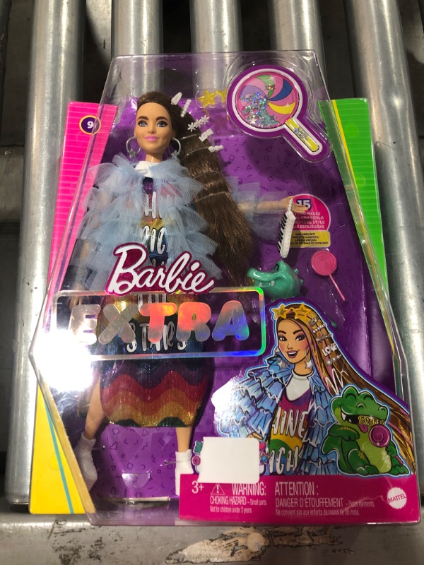 Photo 3 of Barbie Extra Doll #9 in Blue Ruffled Jacket with Pet Crocodile, Long Brunette Hair with Bling Hair Clips, Layered Outfit & Accessories, Multiple Flexible Joints, Gift for Kids 3 Years Old & Up , White
