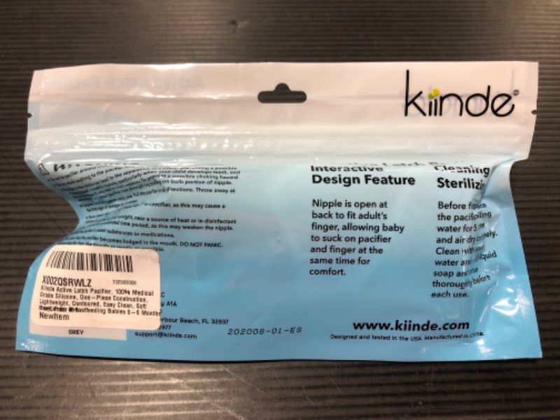 Photo 4 of Kiinde Active Latch Pacifier, 100% Medical Grade Silicone, One-Piece Construction, Lightweight, Contoured, Easy Clean, Soft Pacifier for Breastfeeding Babies 0-6 Months, Gray, Pack of 3
