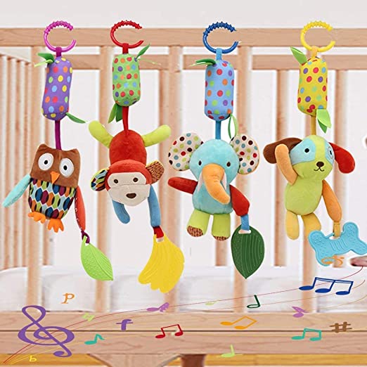 Photo 1 of Baby Toy Soft Hanging Rattle Learning Toy with Teethers Plush Animal C-Clip Ring Infant Newborn Stroller Car Seat Crib Travel Activity Wind Chimes Hanging Toys for Boys Girls, 4 Pack
