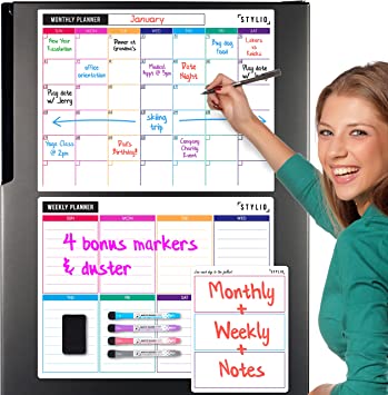 Photo 1 of STYLIO Dry Erase Calendar Whiteboard. Set of 3 Magnetic Calendars for Fridge: Monthly, Weekly Organizer & Daily Notepad. Refrigerator & Wall Family Calendar. 4 Fine Point Markers & Eraser Included
