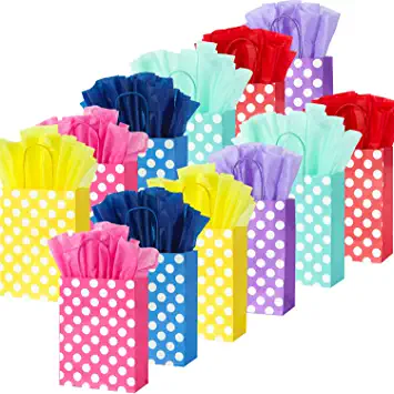 Photo 1 of 24Pack Dot Paper Gift Bags with handles, 8.7" Small Gift Bags with Tissue, Colorful Kraft Paper Bags for Goody Bags, Goodie Bags, Party Bags for Kids Birthday, Wedding, Valentines, Easter, Chrismas (Polka Dots). OPEN BOX.
