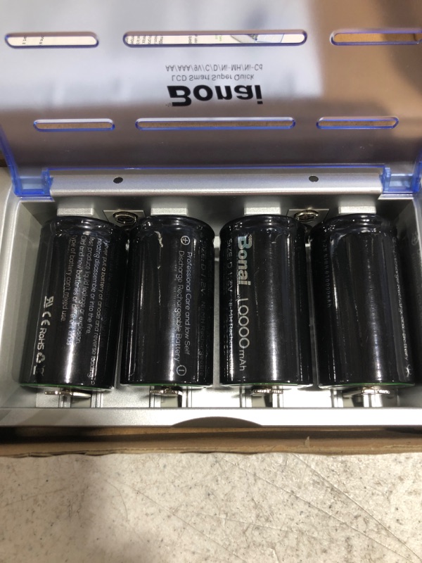 Photo 3 of BONAI LCD Smart Battery Charger for C D AA AAA 9V Ni-MH Ni-CD Rechargeable Batteries with 10000mAh Rechargeable D Cells (4 Counts). PRIOR USE.