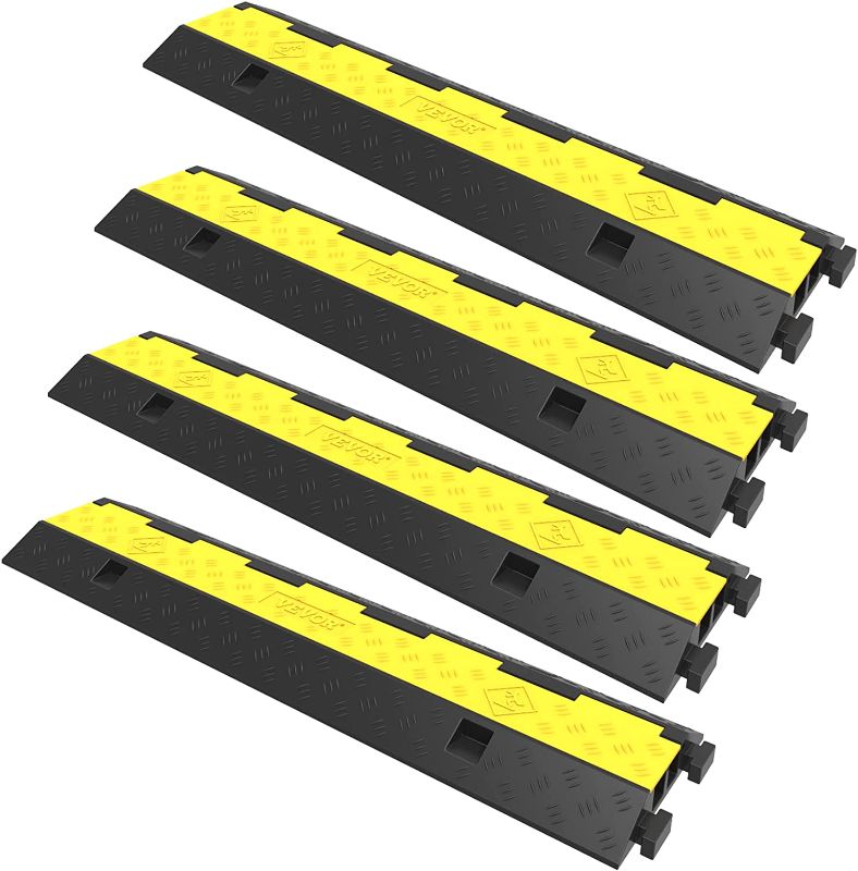 Photo 1 of VEVOR Cable Protector Ramp, 4 Packs 2 Channels Speed Bump Hump, Rubber Modular Speed Bump Rated 11000 LBS Load Capacity, Protective Wire Cord Ramp Driveway Rubber Traffic Speed Bumps Cable Protector