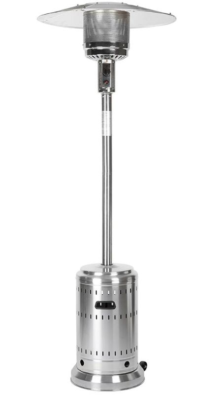 Photo 1 of Amazon Basics 46,000 BTU Outdoor Propane Patio Heater with Wheels, Commercial & Residential - Stainless Steel, 18x89
