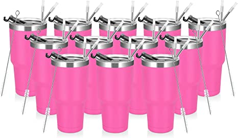 Photo 1 of 12 Pack Stainless Steel Tumblers, 30oz Insulated Tumblers, Double Wall Vacuum Tumbler Coffee Cup, Stainless Steel Travel Mug with Lid and Straw, Durable Powder Coated Insulated Coffee Cup, Bright Pink
