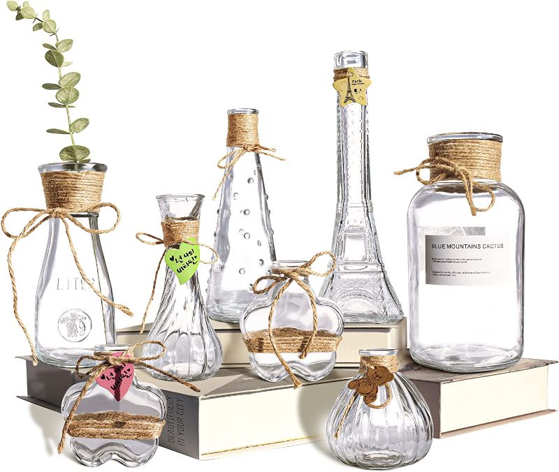 Photo 1 of ZRRHOO Glass Vases Set of 8 for Decor, Small Glass Flower Vase with Rope Design and Differing Unique Shapes for Office and Home Decoration
