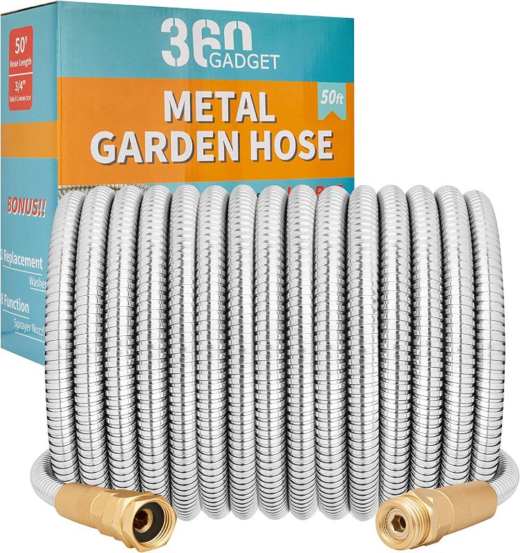 Photo 1 of 360Gadget Metal Garden Hose - 100 ft Heavy Duty Stainless Steel Water Hose with 8 Function Sprayer & Metal Fittings, Flexible, Lightweight, No Kink, Puncture Proof Hose for Yard, Outdoors, Rv
