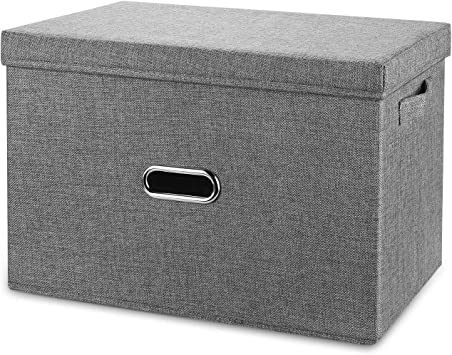 Photo 1 of  Large Linen Collapsible Storage Bins with Removable Lids and Handles, Washable Storage Box Containers Baskets Cube with Cover for Bedroom,Closet,Office,Living Room,Nursery (Grey, Large)